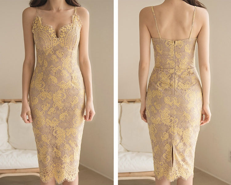 CM-DY041071 Women Elegant Seoul Style Strap Sleeveless Medium Waist Mid-Length Dress - Yellow