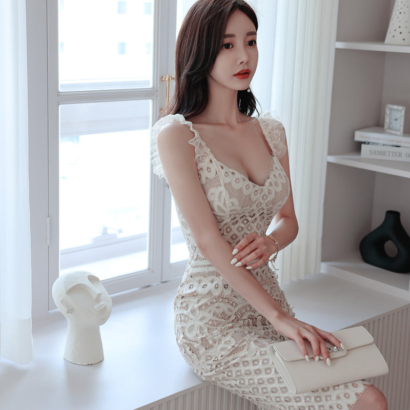 CM-DY041072 Women Elegant Seoul Style Strap Sleeveless Mid-Length Dress - White