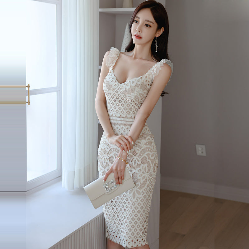 CM-DY041072 Women Elegant Seoul Style Strap Sleeveless Mid-Length Dress - White