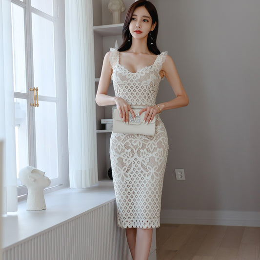 CM-DY041072 Women Elegant Seoul Style Strap Sleeveless Mid-Length Dress - White