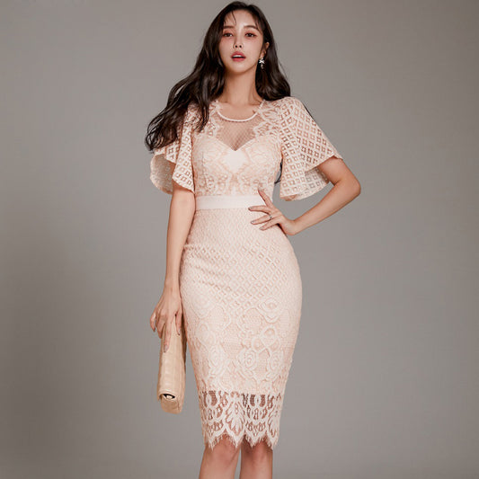 CM-DY041073 Women Elegant Seoul Style Lace Round Neck Short Sleeve Mid-Length Dress