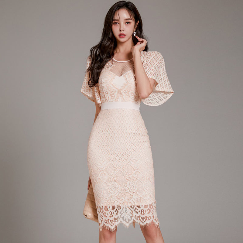 CM-DY041073 Women Elegant Seoul Style Lace Round Neck Short Sleeve Mid-Length Dress