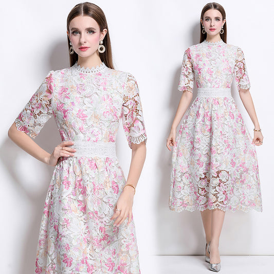CM-DY041078 Women Elegant European Style Lace Round Neck Slim Short Sleeve Mid-Length Dress - Light Pink