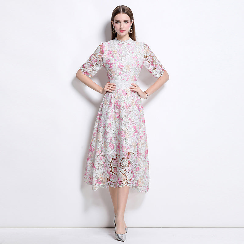 CM-DY041078 Women Elegant European Style Lace Round Neck Slim Short Sleeve Mid-Length Dress - Light Pink