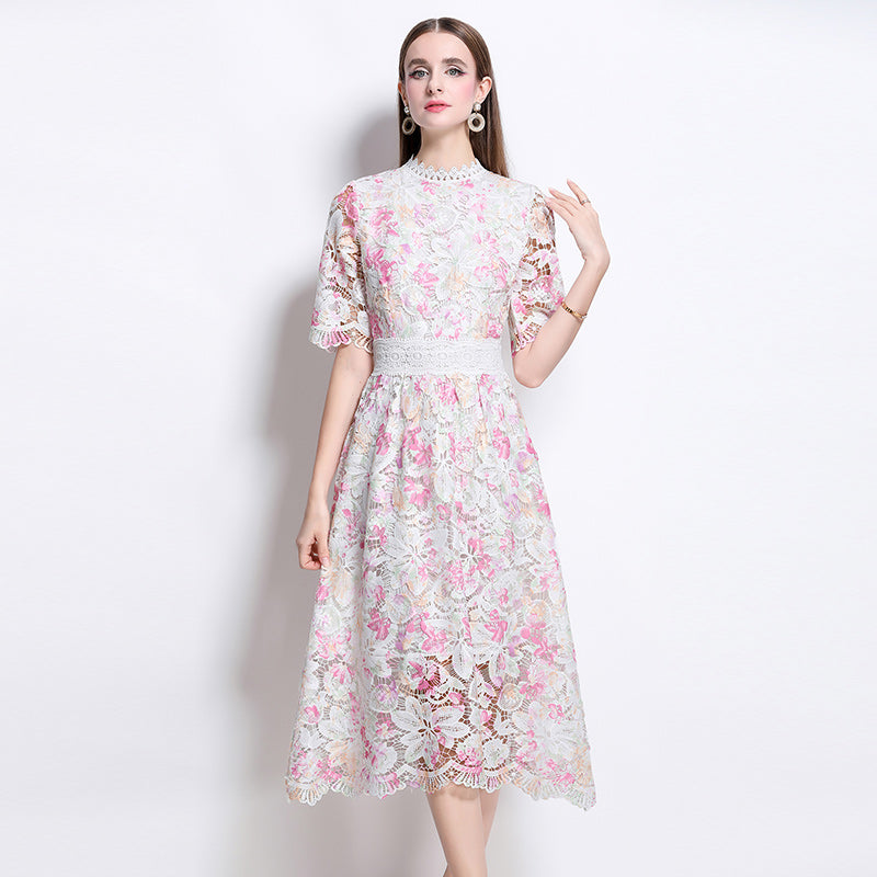 CM-DY041078 Women Elegant European Style Lace Round Neck Slim Short Sleeve Mid-Length Dress - Light Pink