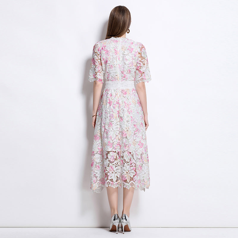 CM-DY041078 Women Elegant European Style Lace Round Neck Slim Short Sleeve Mid-Length Dress - Light Pink