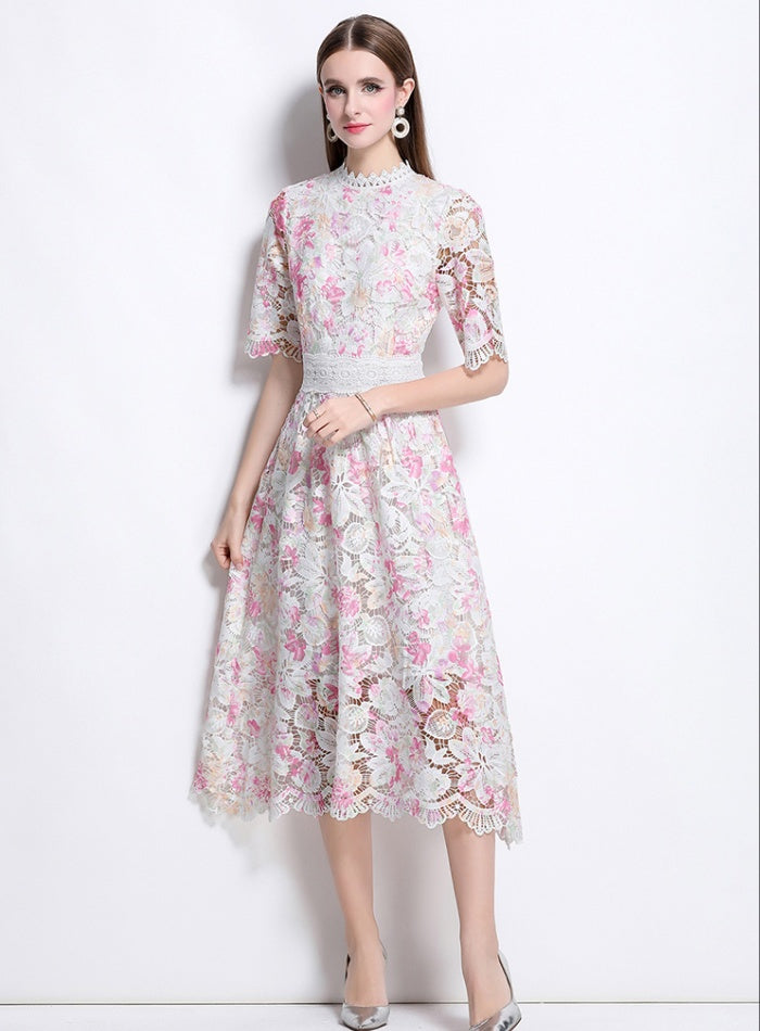 CM-DY041078 Women Elegant European Style Lace Round Neck Slim Short Sleeve Mid-Length Dress - Light Pink