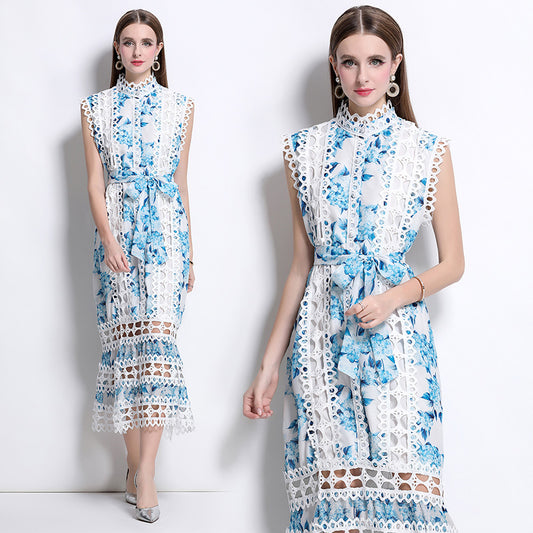 CM-DY041079 Women Elegant European Style Stand Collar Sleeveless A-Line Midi Dress