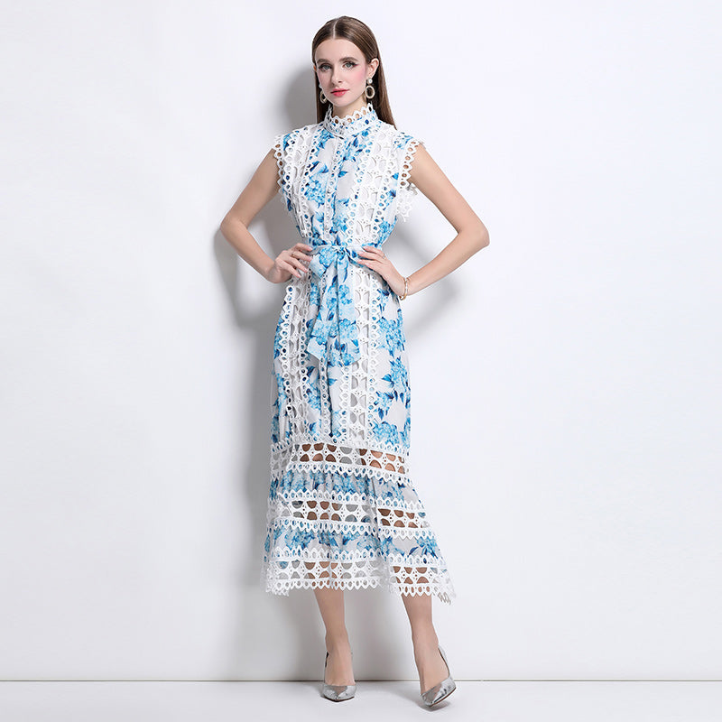 CM-DY041079 Women Elegant European Style Stand Collar Sleeveless A-Line Midi Dress