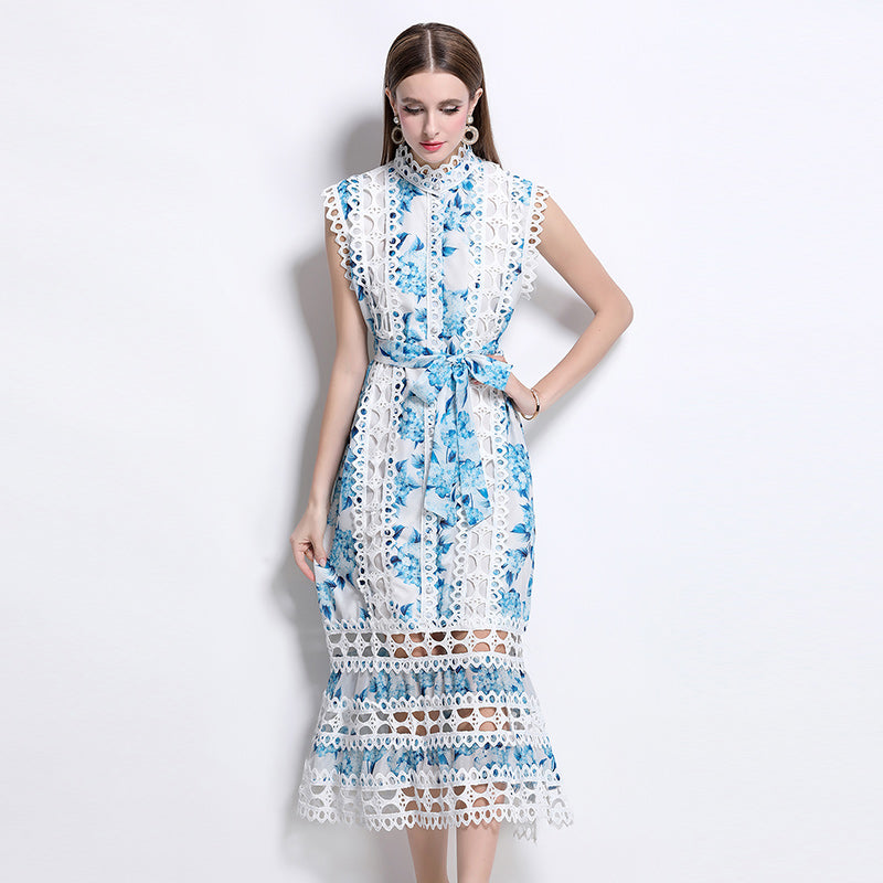 CM-DY041079 Women Elegant European Style Stand Collar Sleeveless A-Line Midi Dress