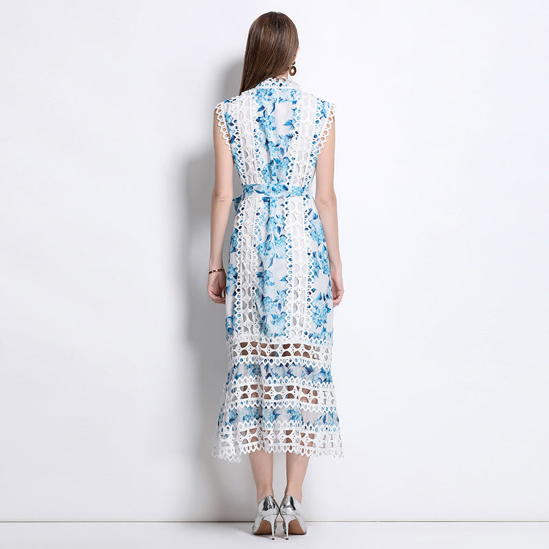 CM-DY041079 Women Elegant European Style Stand Collar Sleeveless A-Line Midi Dress