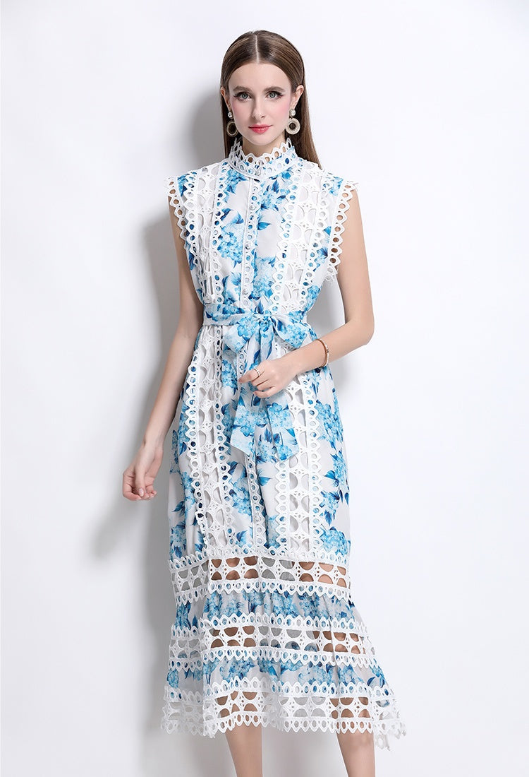 CM-DY041079 Women Elegant European Style Stand Collar Sleeveless A-Line Midi Dress
