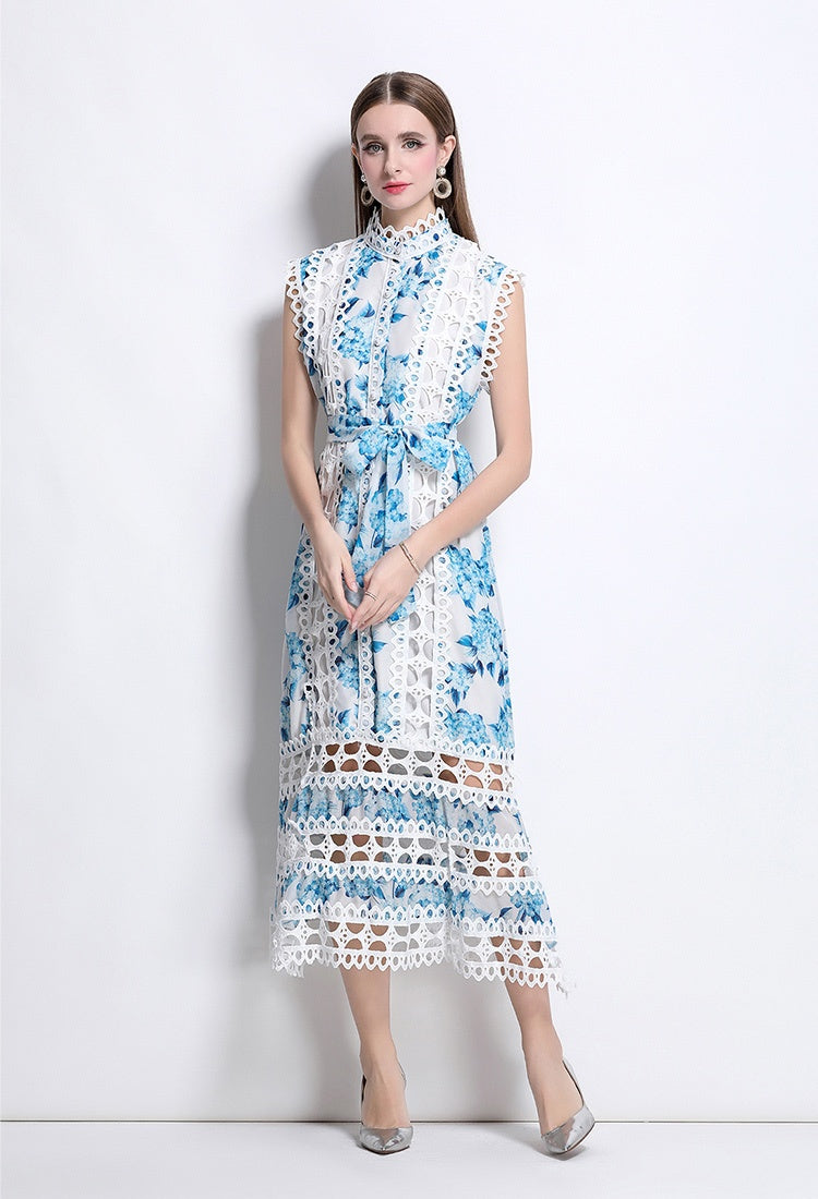 CM-DY041079 Women Elegant European Style Stand Collar Sleeveless A-Line Midi Dress
