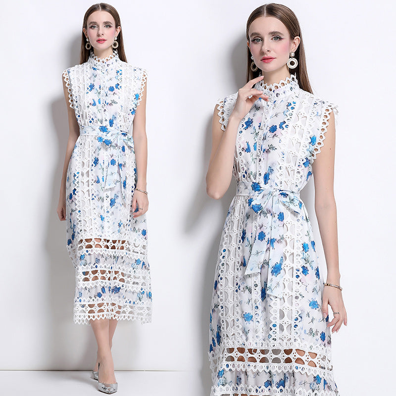 CM-DY041080 Women Elegant European Style Stand Collar Sleeveless A-Line Midi Dress