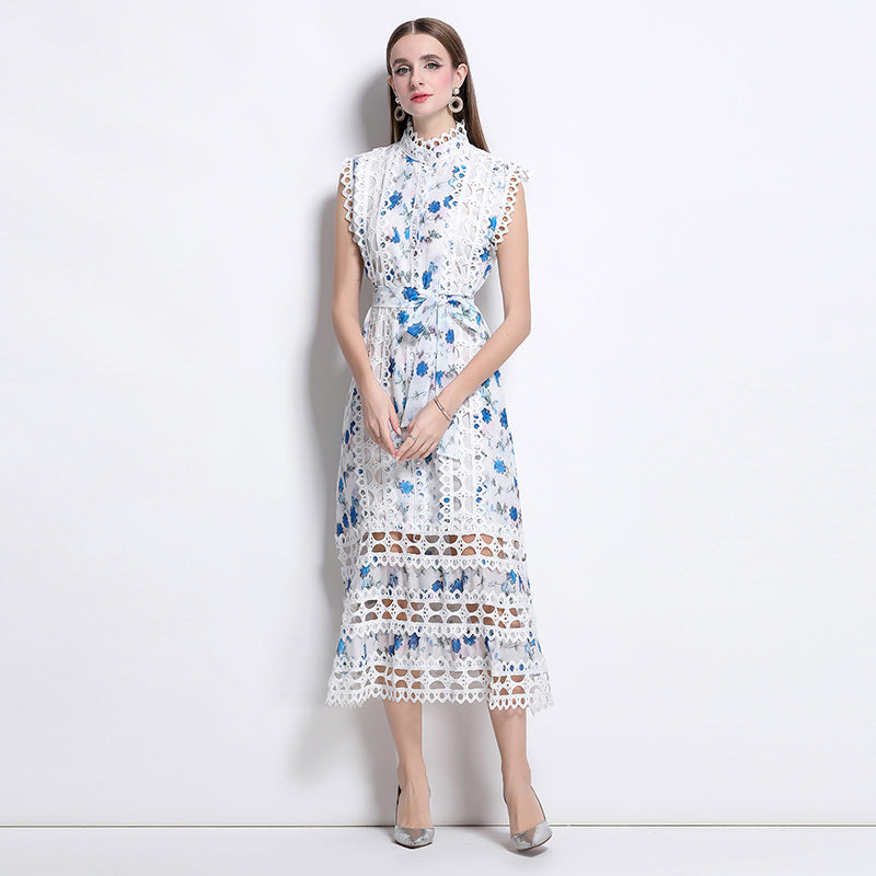 CM-DY041080 Women Elegant European Style Stand Collar Sleeveless A-Line Midi Dress