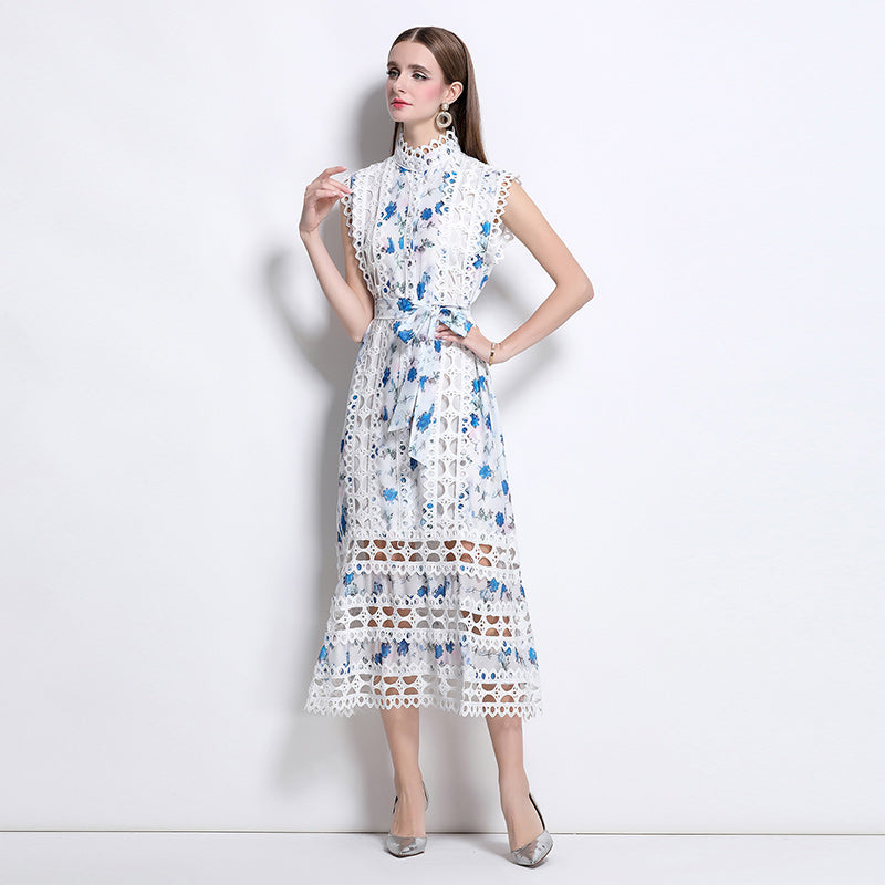 CM-DY041080 Women Elegant European Style Stand Collar Sleeveless A-Line Midi Dress