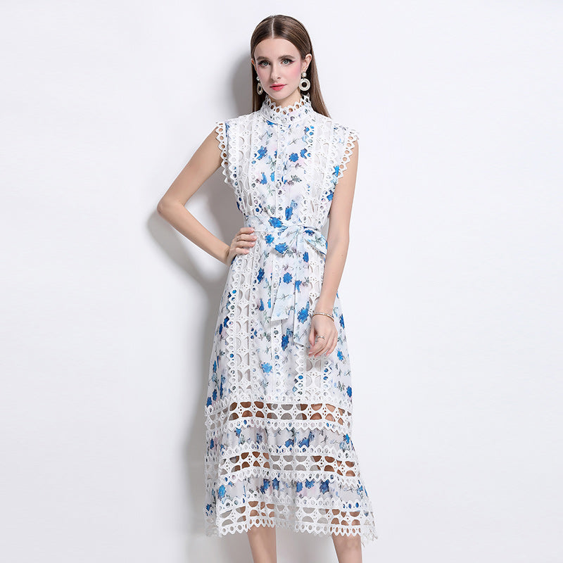 CM-DY041080 Women Elegant European Style Stand Collar Sleeveless A-Line Midi Dress