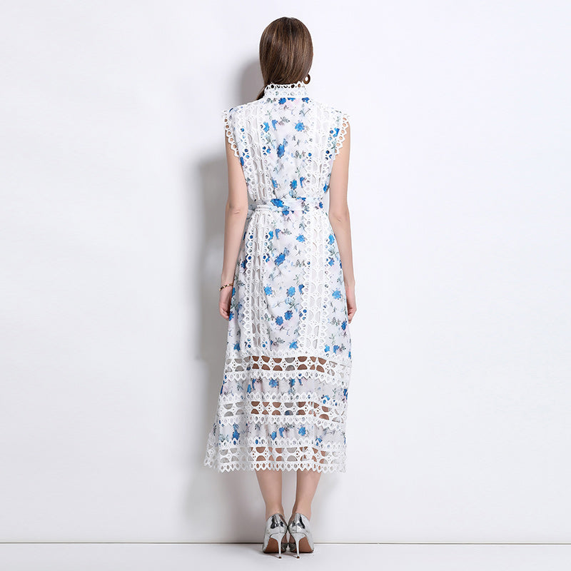 CM-DY041080 Women Elegant European Style Stand Collar Sleeveless A-Line Midi Dress