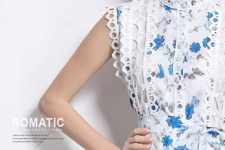 CM-DY041080 Women Elegant European Style Stand Collar Sleeveless A-Line Midi Dress