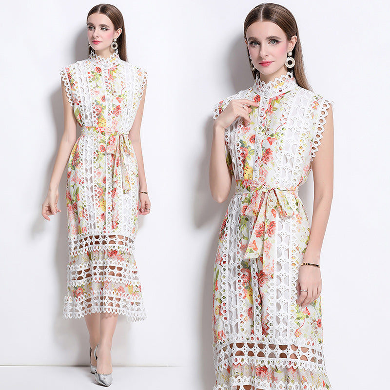 CM-DY041081 Women Elegant European Style Stand Collar Sleeveless A-Line Midi Dress