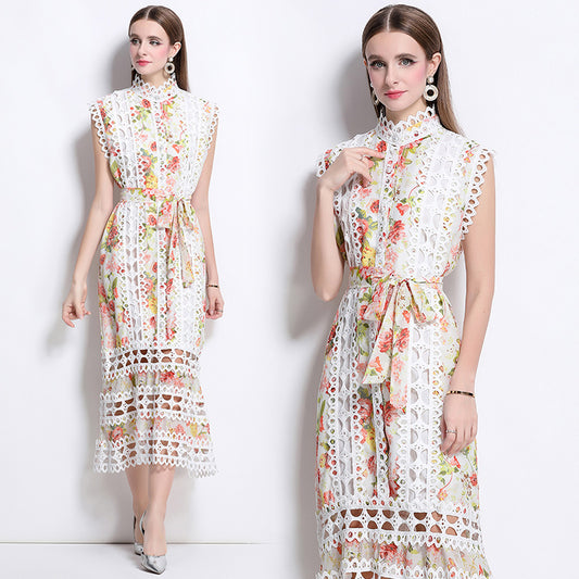CM-DY041081 Women Elegant European Style Stand Collar Sleeveless A-Line Midi Dress