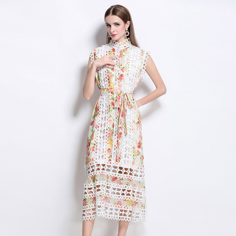 CM-DY041081 Women Elegant European Style Stand Collar Sleeveless A-Line Midi Dress