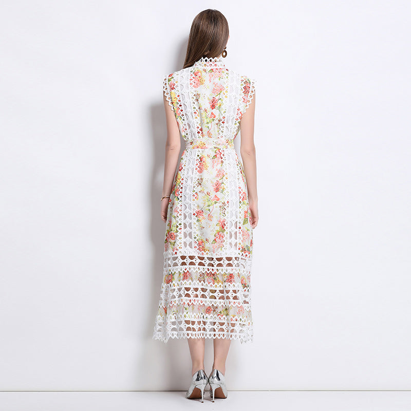 CM-DY041081 Women Elegant European Style Stand Collar Sleeveless A-Line Midi Dress