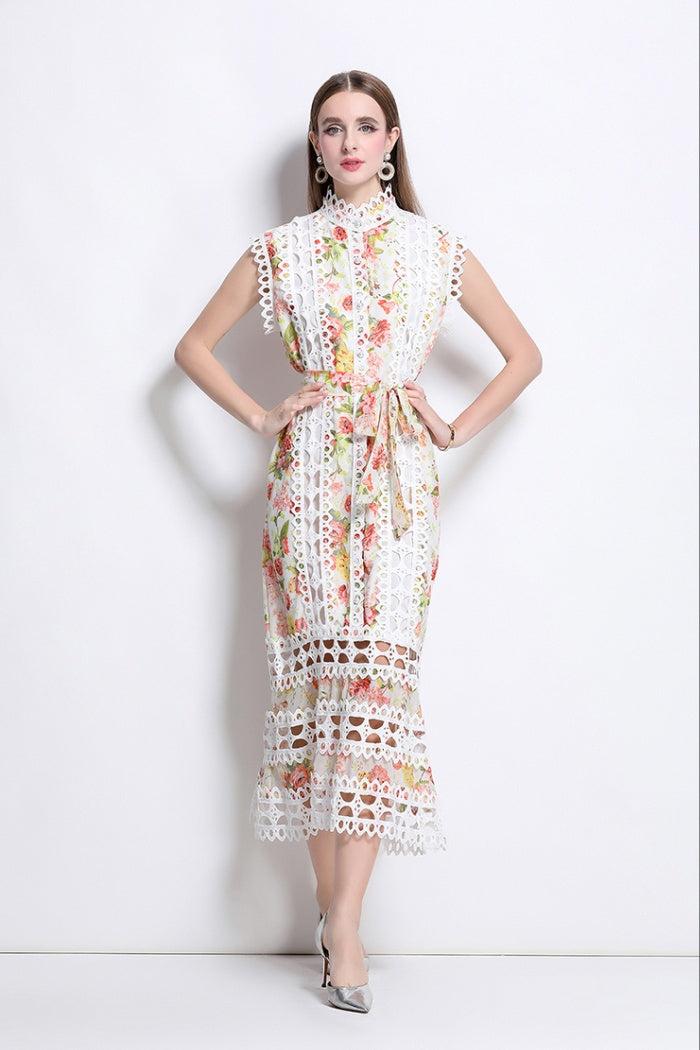 CM-DY041081 Women Elegant European Style Stand Collar Sleeveless A-Line Midi Dress
