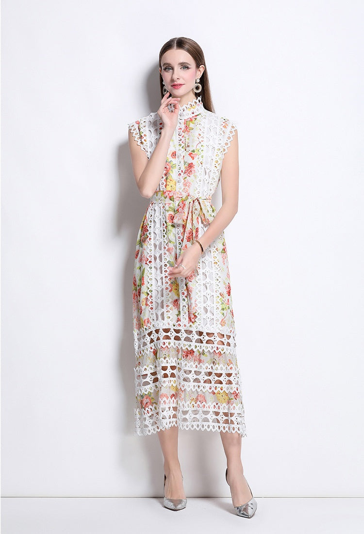 CM-DY041081 Women Elegant European Style Stand Collar Sleeveless A-Line Midi Dress