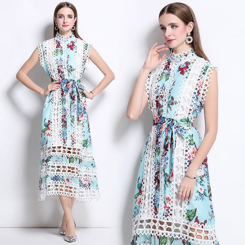 CM-DY041082 Women Elegant European Style Stand Collar Sleeveless A-Line Midi Dress