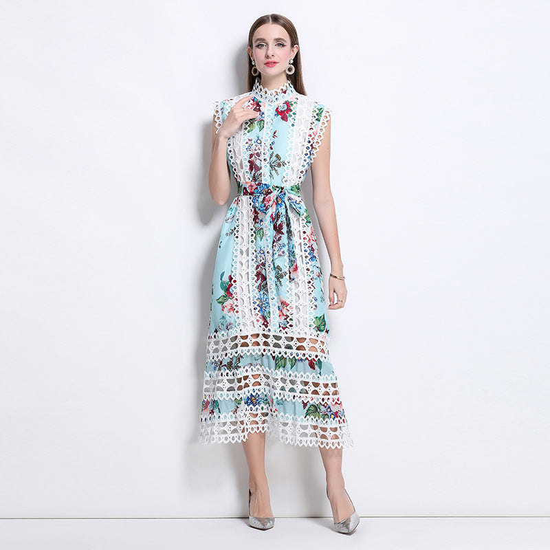 CM-DY041082 Women Elegant European Style Stand Collar Sleeveless A-Line Midi Dress