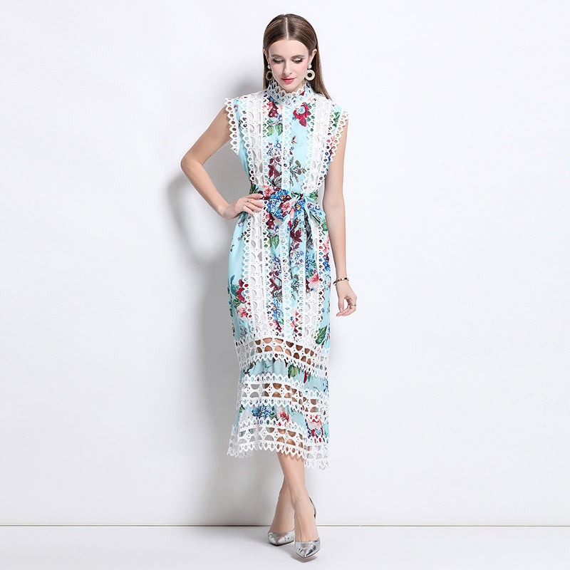 CM-DY041082 Women Elegant European Style Stand Collar Sleeveless A-Line Midi Dress