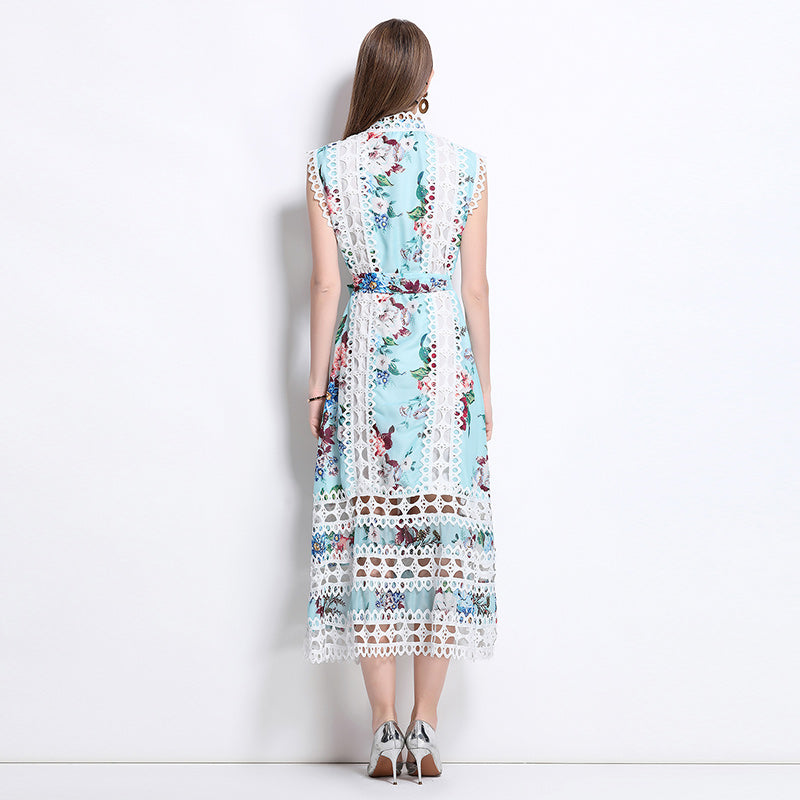 CM-DY041082 Women Elegant European Style Stand Collar Sleeveless A-Line Midi Dress