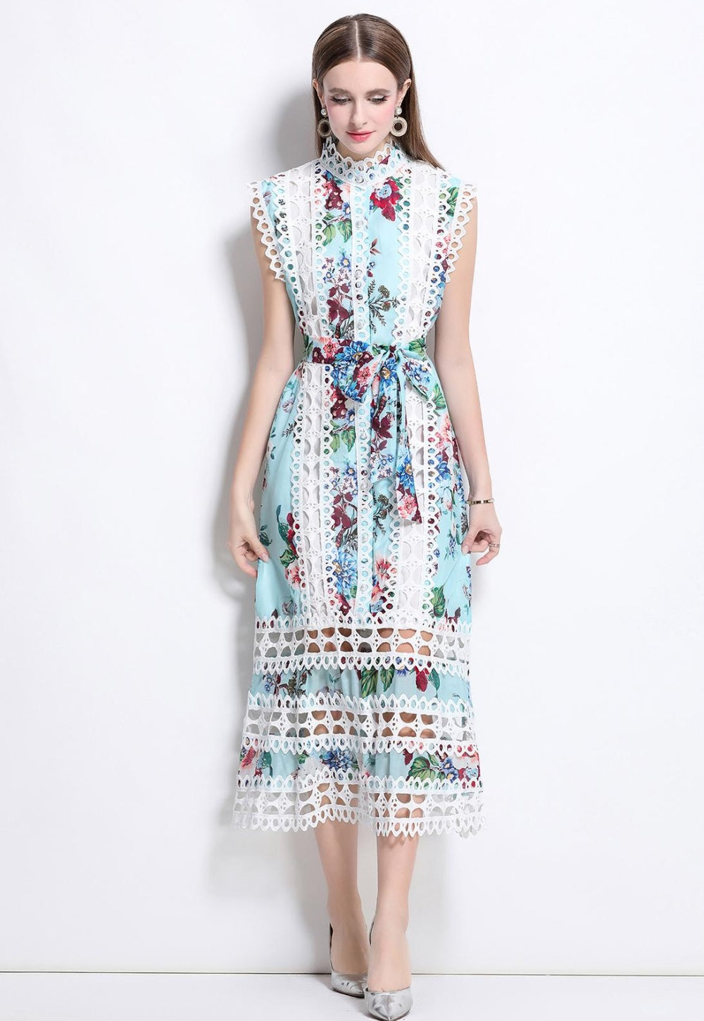 CM-DY041082 Women Elegant European Style Stand Collar Sleeveless A-Line Midi Dress