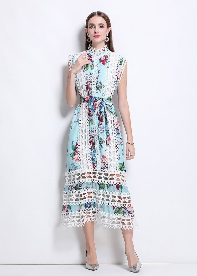 CM-DY041082 Women Elegant European Style Stand Collar Sleeveless A-Line Midi Dress