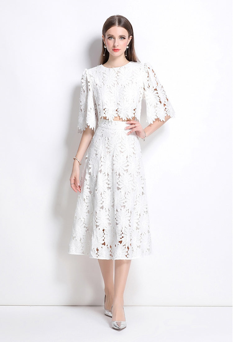 CM-SY041083 Women Elegant European Style Embroidered Round Neck Half Sleeve Blouse With High Waist Skirt - Set (Available in 3 colors)