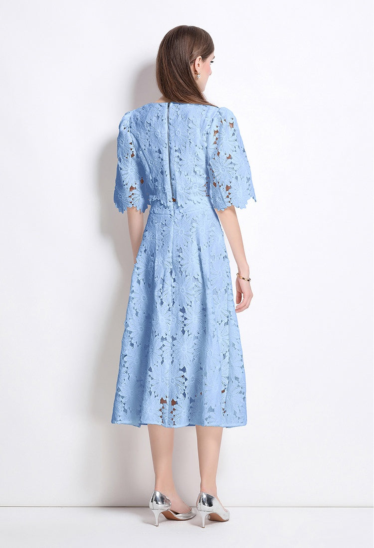 CM-SY041083 Women Elegant European Style Embroidered Round Neck Half Sleeve Blouse With High Waist Skirt - Set (Available in 3 colors)