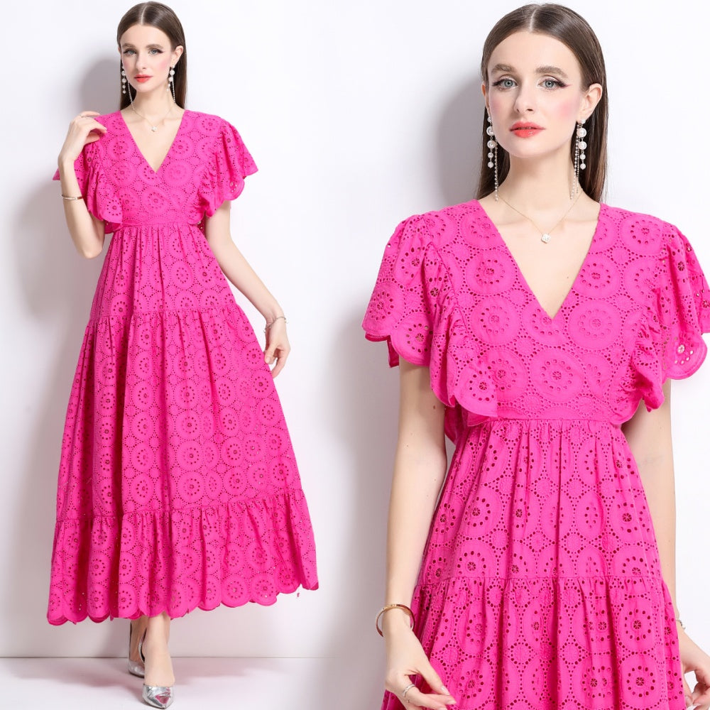 CM-DY041276 Women Trendy Bohemian Style Lace V-Neck Batwing Sleeve High Waist Ruffle Long Dress - Rose Red