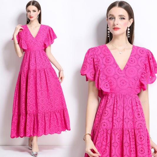 CM-DY041276 Women Trendy Bohemian Style Lace V-Neck Batwing Sleeve High Waist Ruffle Long Dress - Rose Red