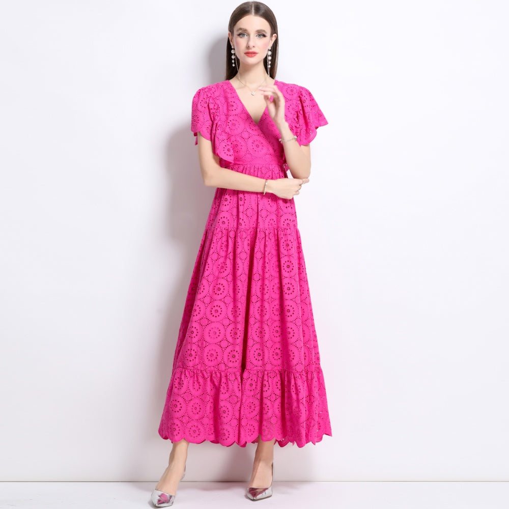 CM-DY041276 Women Trendy Bohemian Style Lace V-Neck Batwing Sleeve High Waist Ruffle Long Dress - Rose Red