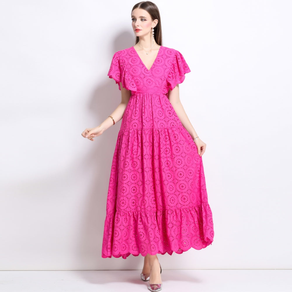 CM-DY041276 Women Trendy Bohemian Style Lace V-Neck Batwing Sleeve High Waist Ruffle Long Dress - Rose Red