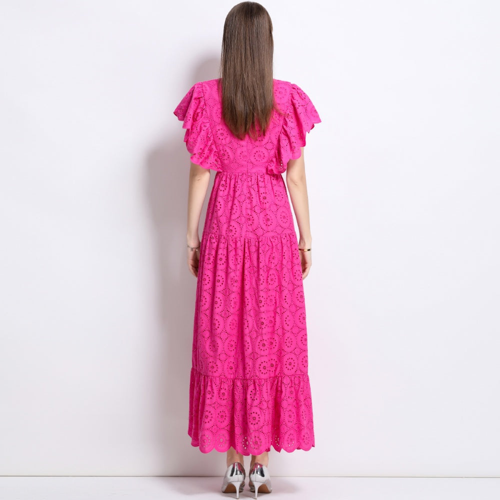 CM-DY041276 Women Trendy Bohemian Style Lace V-Neck Batwing Sleeve High Waist Ruffle Long Dress - Rose Red