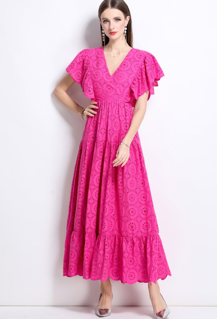 CM-DY041276 Women Trendy Bohemian Style Lace V-Neck Batwing Sleeve High Waist Ruffle Long Dress - Rose Red