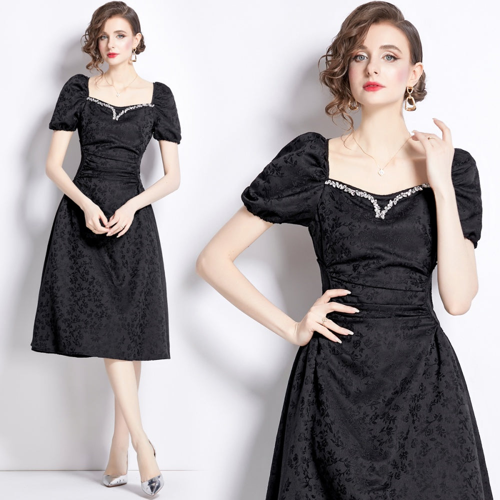 CM-DY041277 Women Elegant European Style Rhinestone Square Collar Puff Sleeve Jacquard Dress - Black