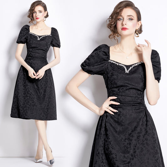 CM-DY041277 Women Elegant European Style Rhinestone Square Collar Puff Sleeve Jacquard Dress - Black