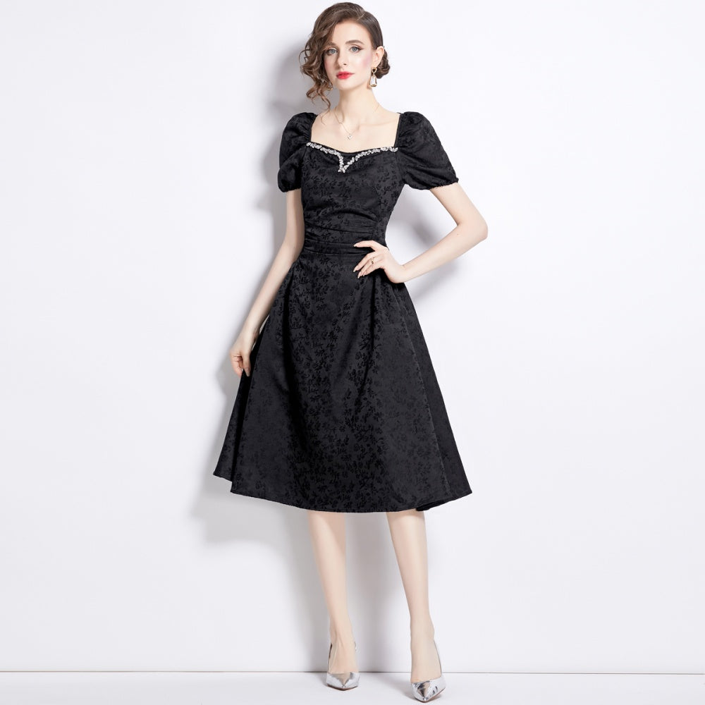 CM-DY041277 Women Elegant European Style Rhinestone Square Collar Puff Sleeve Jacquard Dress - Black
