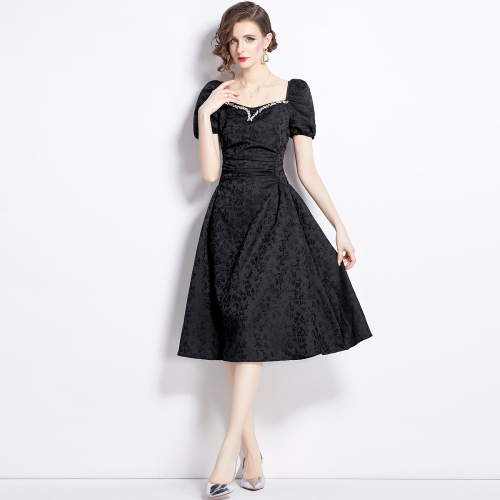 CM-DY041277 Women Elegant European Style Rhinestone Square Collar Puff Sleeve Jacquard Dress - Black