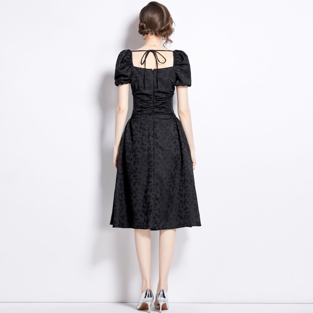 CM-DY041277 Women Elegant European Style Rhinestone Square Collar Puff Sleeve Jacquard Dress - Black