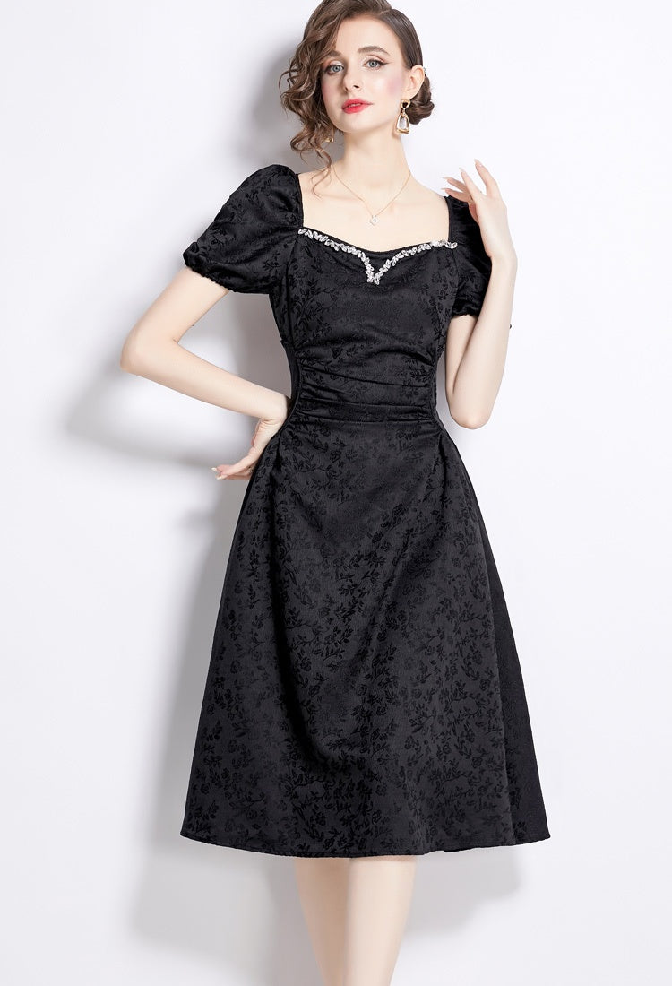 CM-DY041277 Women Elegant European Style Rhinestone Square Collar Puff Sleeve Jacquard Dress - Black