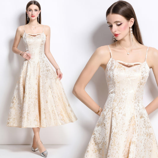 CM-DY041278 Women Elegant European Style Sleeveless Pinched Waist Jacquard Dress - Apricot